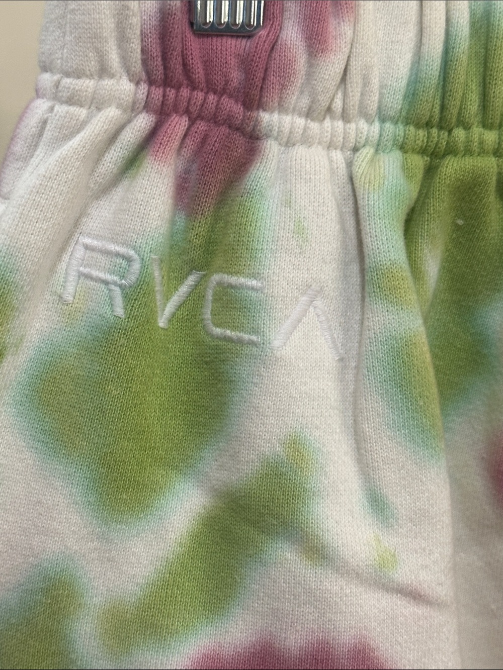 RVCA White Tie-Dye Track Pants with Green & Pink Accents